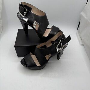 Michael Kors Sandal Womens 8.5 Black Pebbled Leather Strapback Cone Heel Strappy